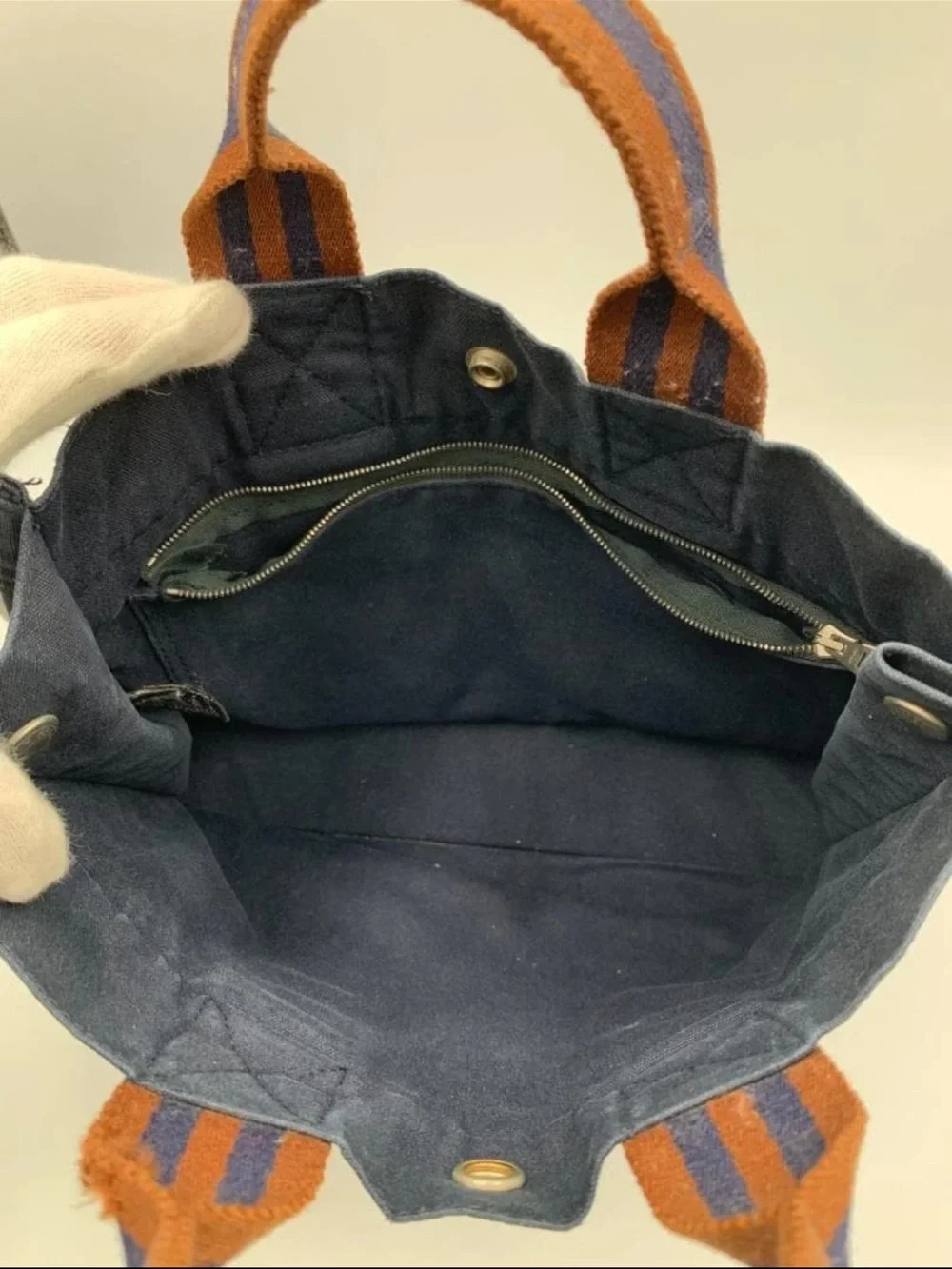 Hermes Navy Canvas Tote with Brown Striped Handles
